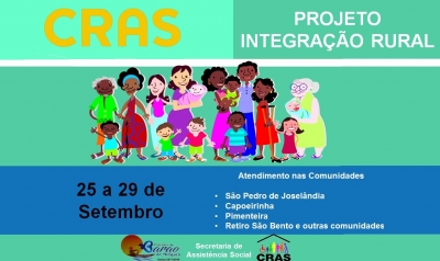 Nos dias 25 a 29 de Setembro de 2017 ocorrerá O Projeto Integração Rural nas Comunidades de São Pedro de Joselândia, Capoeirinha, Pimenteira, Retiro São Bento e demais comunidades.